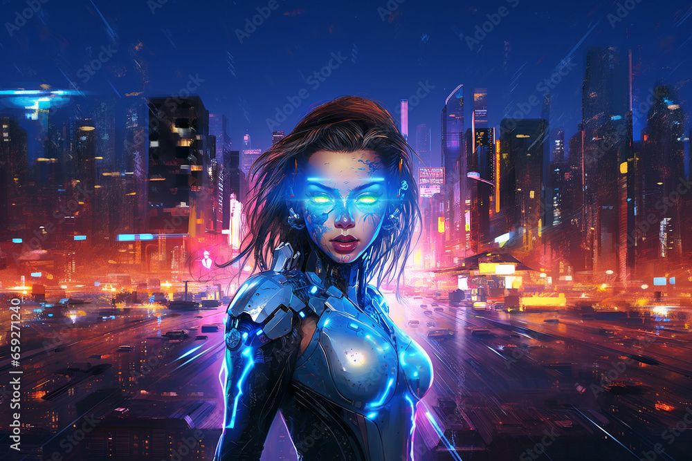 Obraz premium Painted portrait of beautiful cyborg woman with glowing eyes, cyberpunk styled city