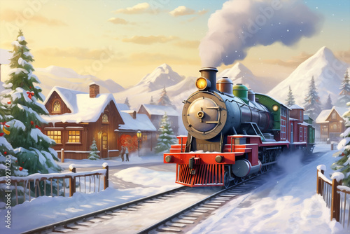 Steam train arrives at station on Christmas day, painted picture