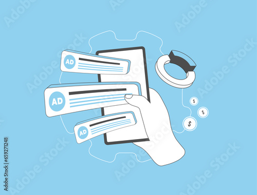 PPC advertising or banner online targeted contextual ad concept. Contextual Digital Marketing, Retargeting and Behavioral PPC Targeting. Vector isolated illustration on blue background with icons