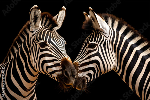 a pair of zebras kissing