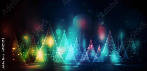Abstract shiny Christmas and new year party Background. Shimmering Christmas tree and laser lights on dark blue background. 