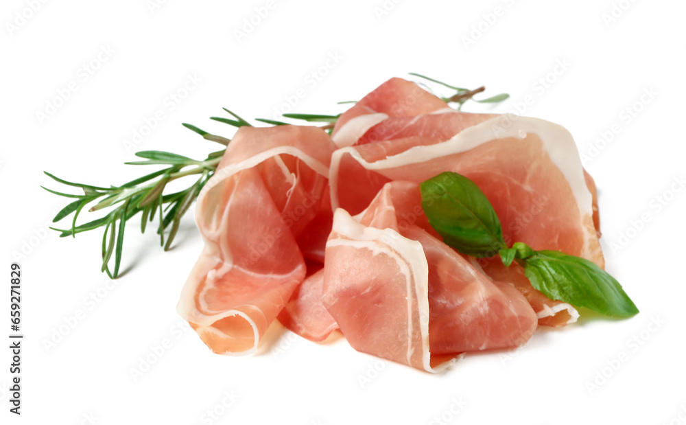 Slices of tasty prosciutto with basil and rosemary on white background
