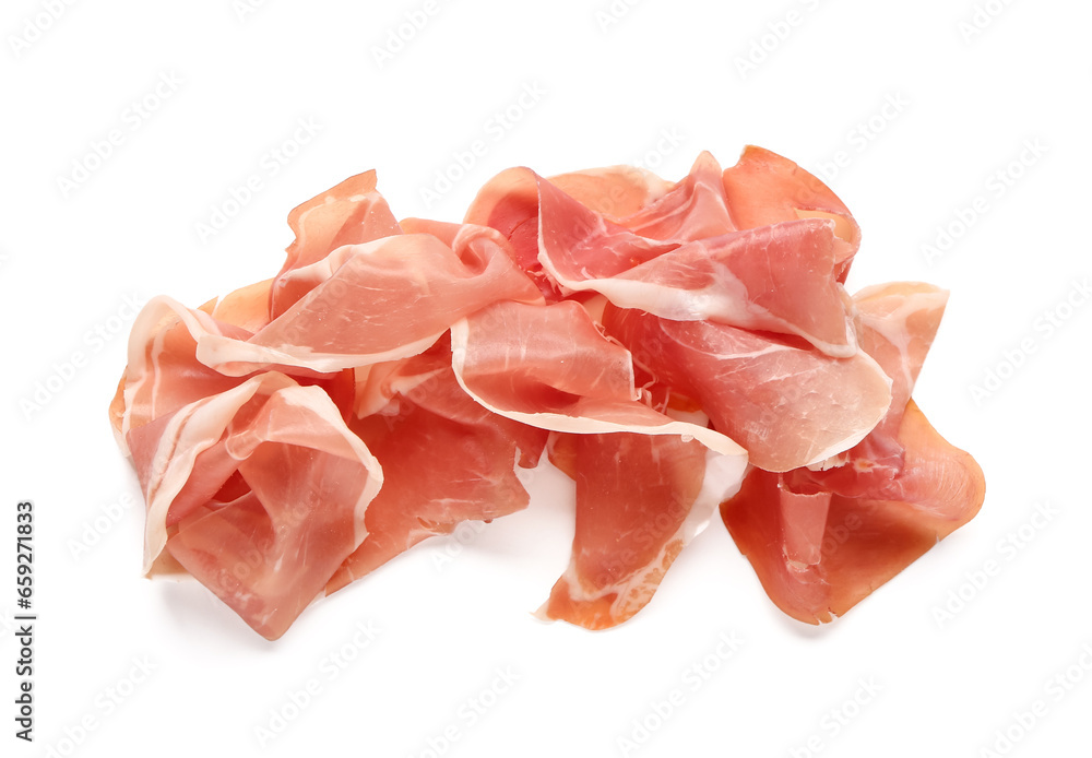 Slices of tasty prosciutto on white background Slices of tasty prosciutto on white background