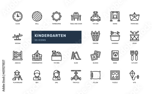 kid children play boy and girl kindergarten school activity playground detailed outline line icon set