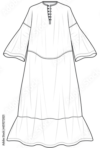 womens flare bell sleeve ruffle hem long maxi dress flat sketch vector illustration technical cad drawing template