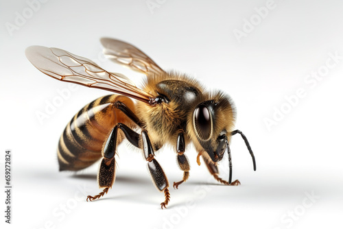 Image of bee on white background. Animal. Insect. Illustration, Generative AI. © yod67