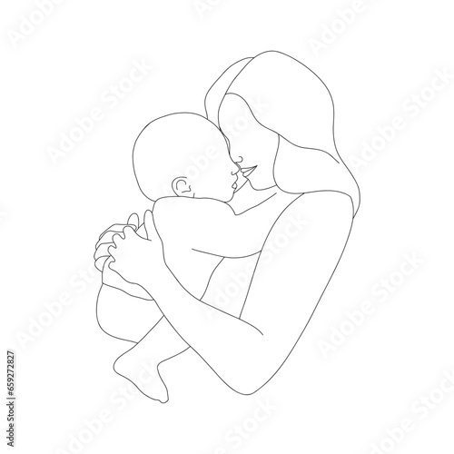 Mother and child in linear style. Happy mom hugging her newborn baby. One line art. Minimalistic vector illustration. Abstract family silhouette.