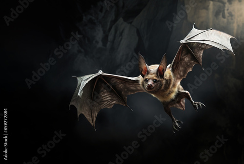 Image of a big bat are flapping their wings in the dark. Birds. Wildlife Animals. Illustration, generative AI.