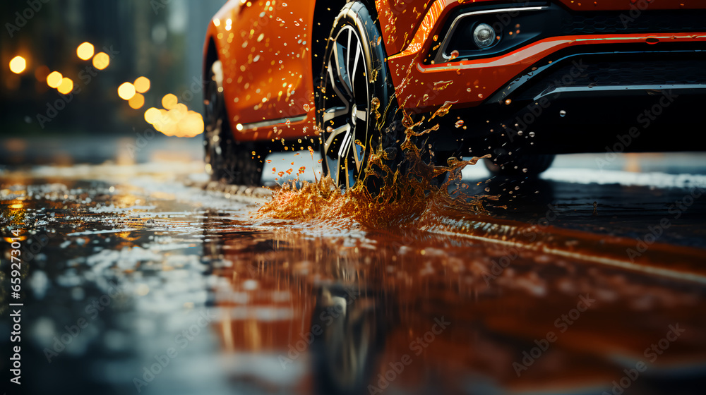 Car wheel with new tires during rain on a wet road with puddles - obrazy, fototapety, plakaty 
