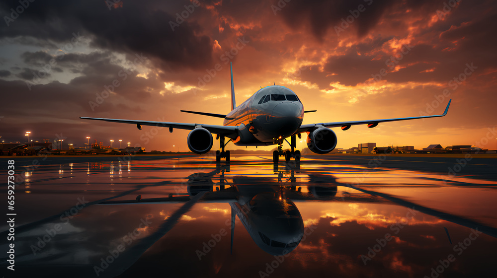 Large passenger plane on the runway at sunset. Vacation travel and flights concept - obrazy, fototapety, plakaty 