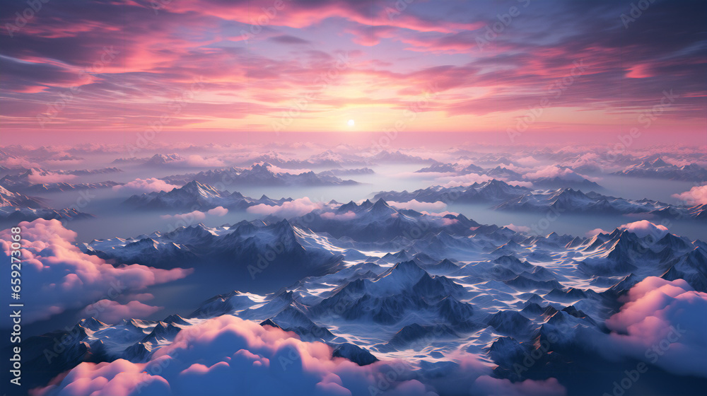 Mountain peaks with snow peaks with pink clouds at sunset view from above