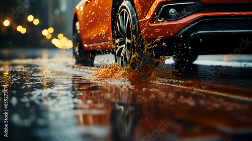 Car wheel with new tires during rain on a wet road with puddles