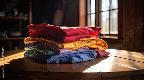 Stories in Stitches: A Meticulously Folded Tapestry of Stacked Colorful Clothes. Generative AI 3