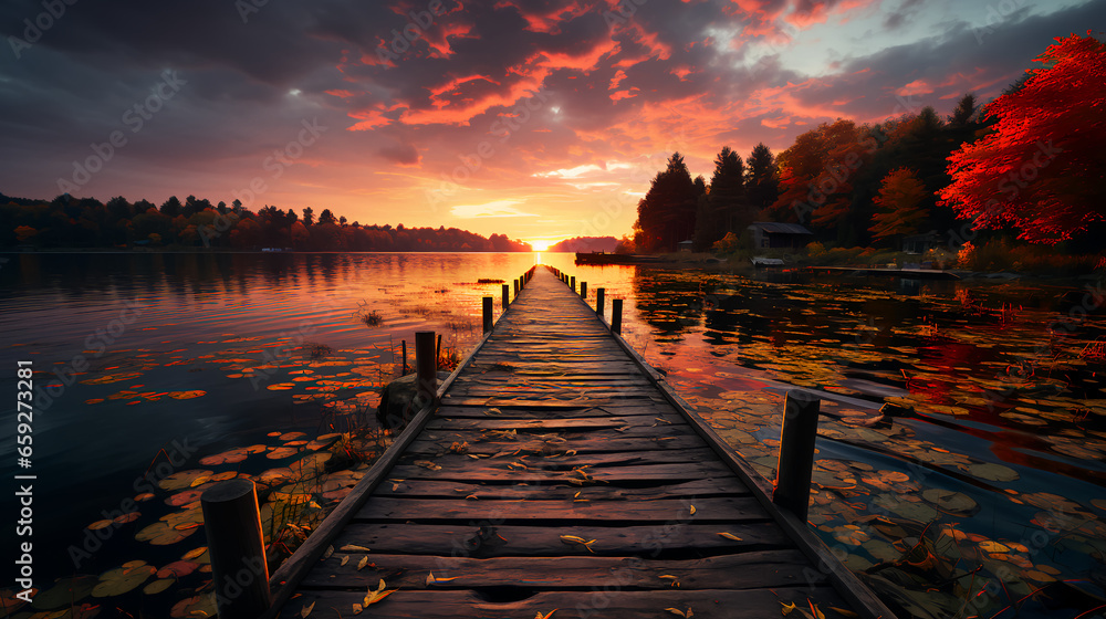 Small beautiful wooden forest pier in a river or lake at sunset - obrazy, fototapety, plakaty 