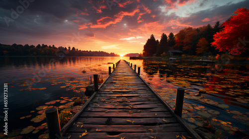 Small beautiful wooden forest pier in a river or lake at sunset