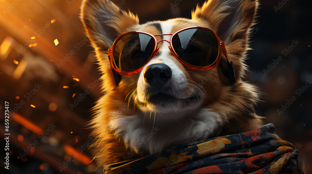 Beautiful fluffy corgi dog in sunglasses lies resting in the sun