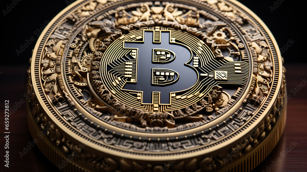 Golden Bitcoin: A Close-Up View,one bitcoin,close up of a bitcoin