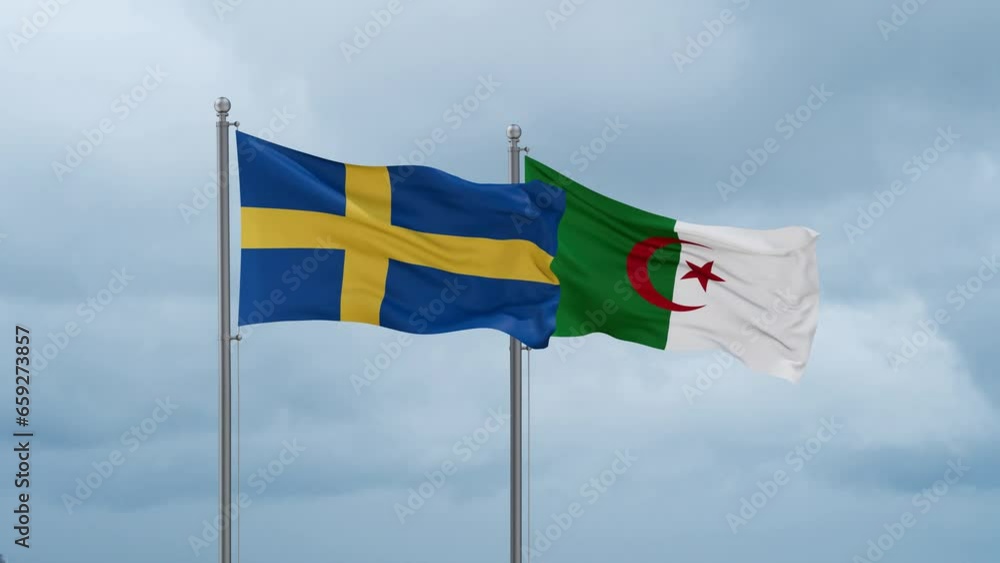 Sweden flag and Algeria flag waving together on cloudy sky, endless seamless loop Sweden flag and Algeria flag waving together on cloudy sky, endless seamless loop