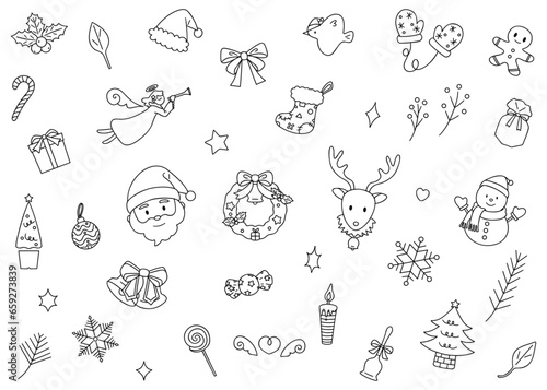 手書きのクリスマス装飾素材、ラインアート、ベクター