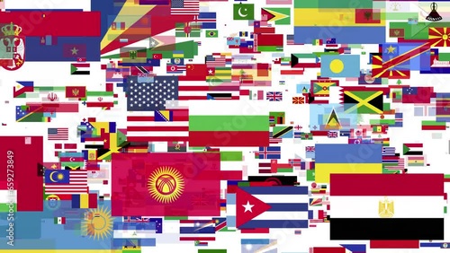 all world country flags flying particle background in seamless loop animation on white background