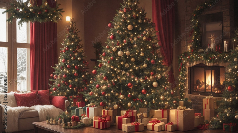Christmas festival christmas tree gift box christmas background christmas day AI generative.
