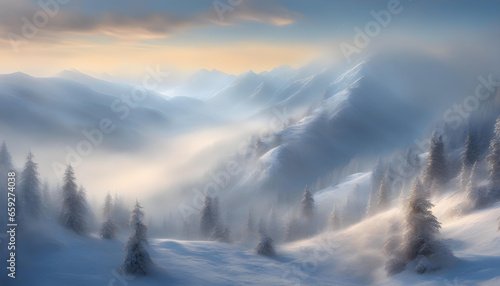 壁紙風景素材 雪山【好天の兆し】淡い水彩画風