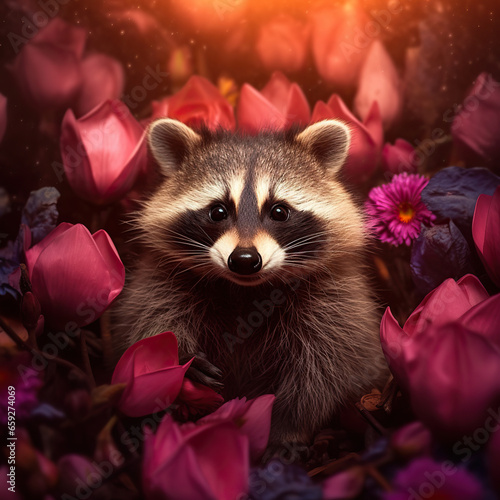 Adorable Raccoon Amidst a Vibrant Floral Bloom