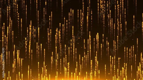 Close up of Golden Shining Sparkles Raising from Bright Dusting Surface on Dark Background making Rain in Mmagic Copyspace. Futuristic Glittering Movement. Abstract Background. Amimation 4K photo