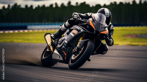 Ropazi, Latvia – On-track motorcycle practice leaning into a fast bend. MotoGP competition. Superbikes. Motorcycle races. Road Biker Racing Sport.