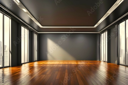 Full empty spaced office background interior with a dark warm moody tone and sunlight coming from window photo