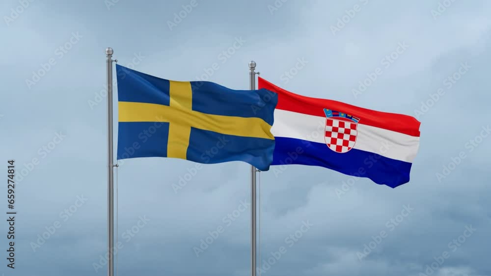 Croatia and Sweden flag waving together on cloudy sky, endless seamless loop, two country cooperation concept Croatia and Sweden flag waving together on cloudy sky, endless seamless loop, two country cooperation concept