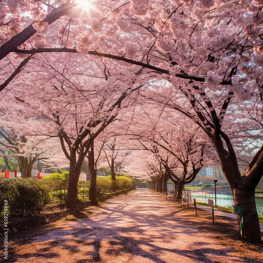 A Tranquil Journey through a Cherry Blossom Pathway,spring in the park,blossom tree in spring A Tranquil Journey through a Cherry Blossom Pathway,spring in the park,blossom tree in spring