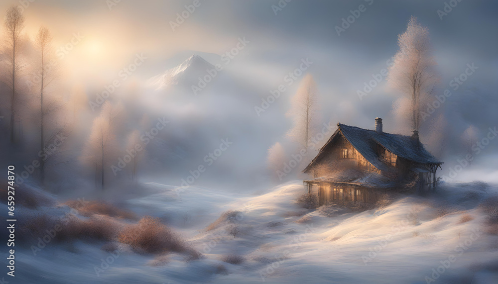 Fototapeta premium 壁紙風景素材 雪山【好天の兆し】淡い水彩画風