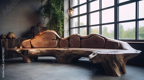 Unique hand crafted sofa made from tree trunk against white wall with decorative abstract tree as wall decor © LELISAT