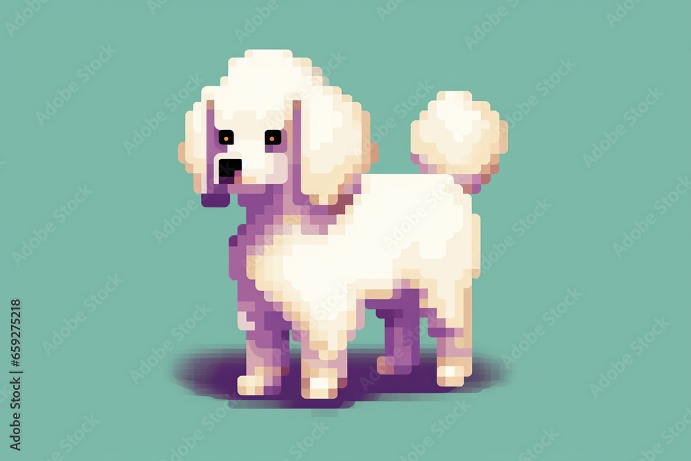 Pixel white dog. Pixel art concept. Cartoon style.