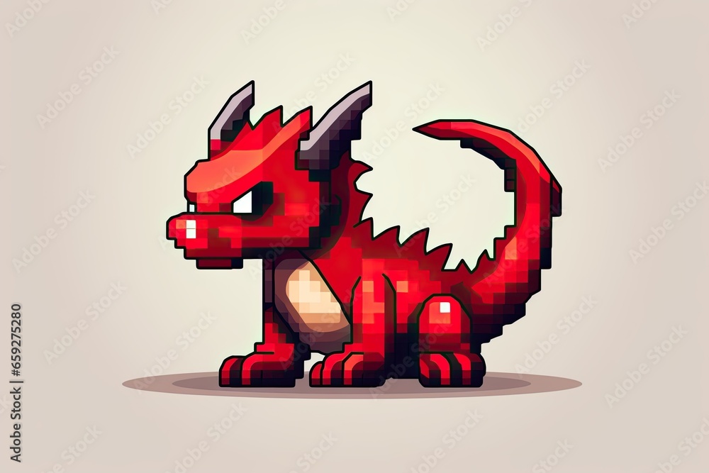 Pixel red dragon. Pixel art concept. Cartoon style. Stock Illustration
