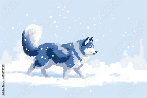 Pixel wolf on the background of winter. Pixel art concept. Cartoon style.