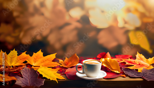 cup of tea with autumn leaves, Brewing Autumn Bliss: Coffee Cup and Softly Blurred Background photo