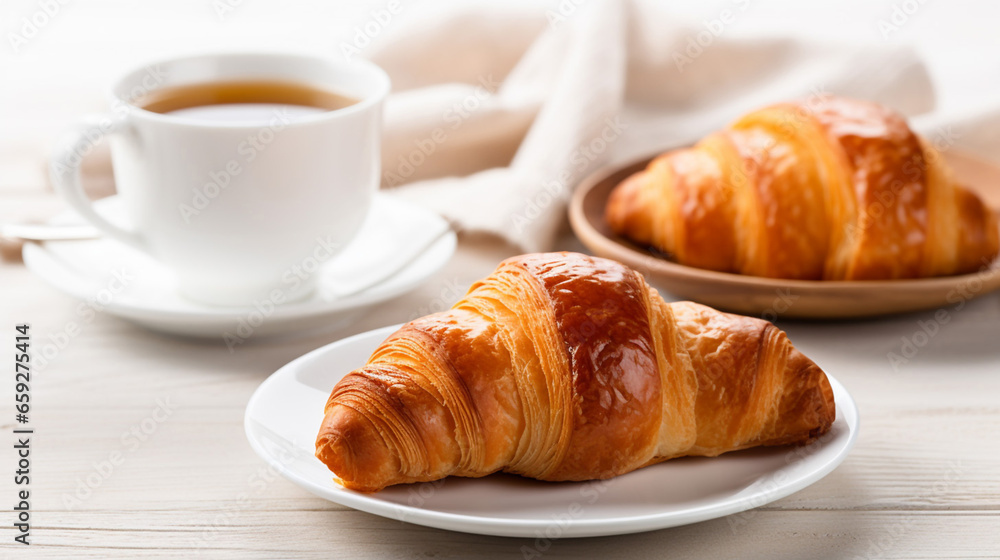 Breakfast with tea and croissant on a white wooden table