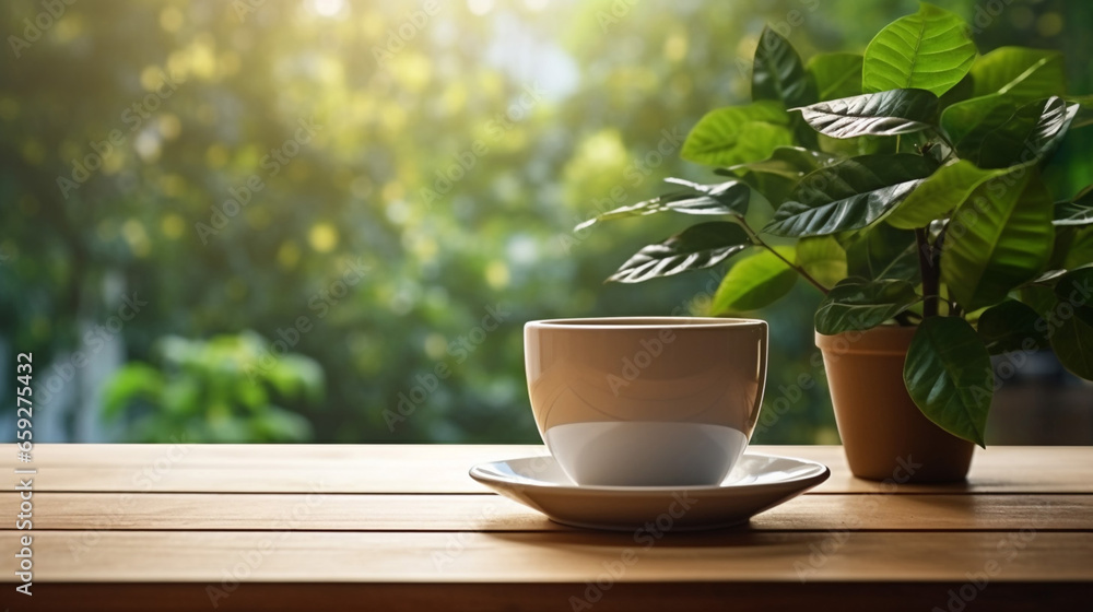 Beautiful Closeup white cup of coffee with small trees and green