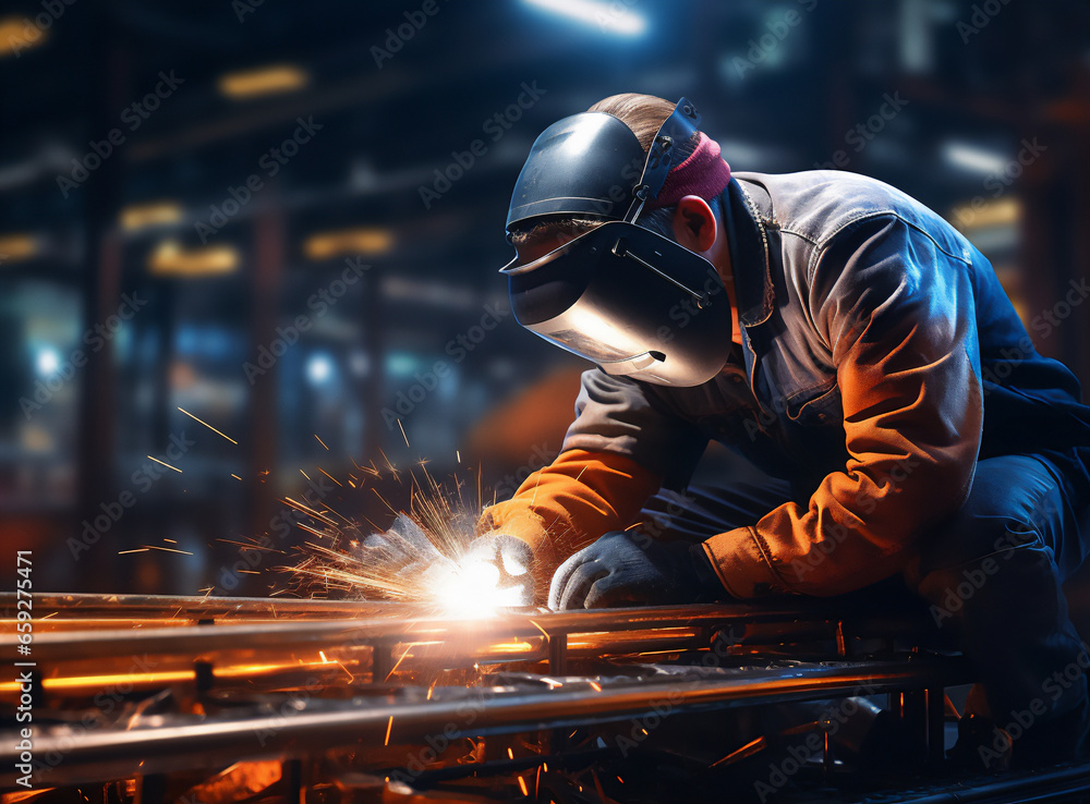 Industrial worker welder at factory use equipment mask and tool weld for metalwork with smoke, fire , spark iron. Industrial worker welder at factory use equipment mask and tool weld for metalwork with smoke, fire , spark iron.