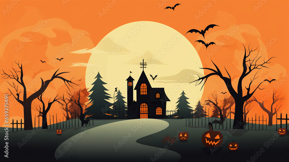 Halloween illustration of a haunted house with pumpkins and bats and a large moon.