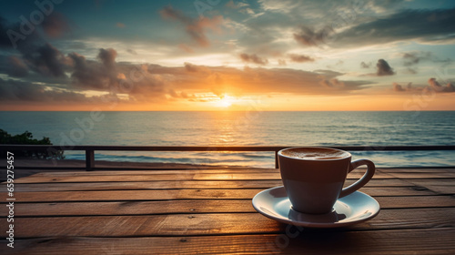 Elegant Coffee Cup on Wood Table at Sunset or Sunrise Beach