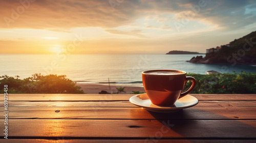 Coffee Cup on Wood Table at Sunset or Sunrise Beach
