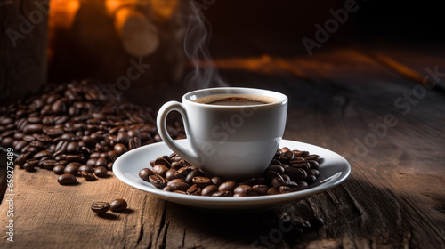 Fresh Cup of Black Coffee with Beans on Wooden Table