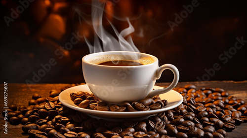 Fragrant hot coffee in a white cup with beans spilling