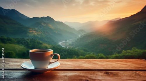 Amazing Hot morning cup of coffee with mountains background