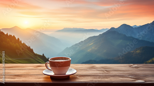 Beautiful Hot morning cup of coffee with mountains background