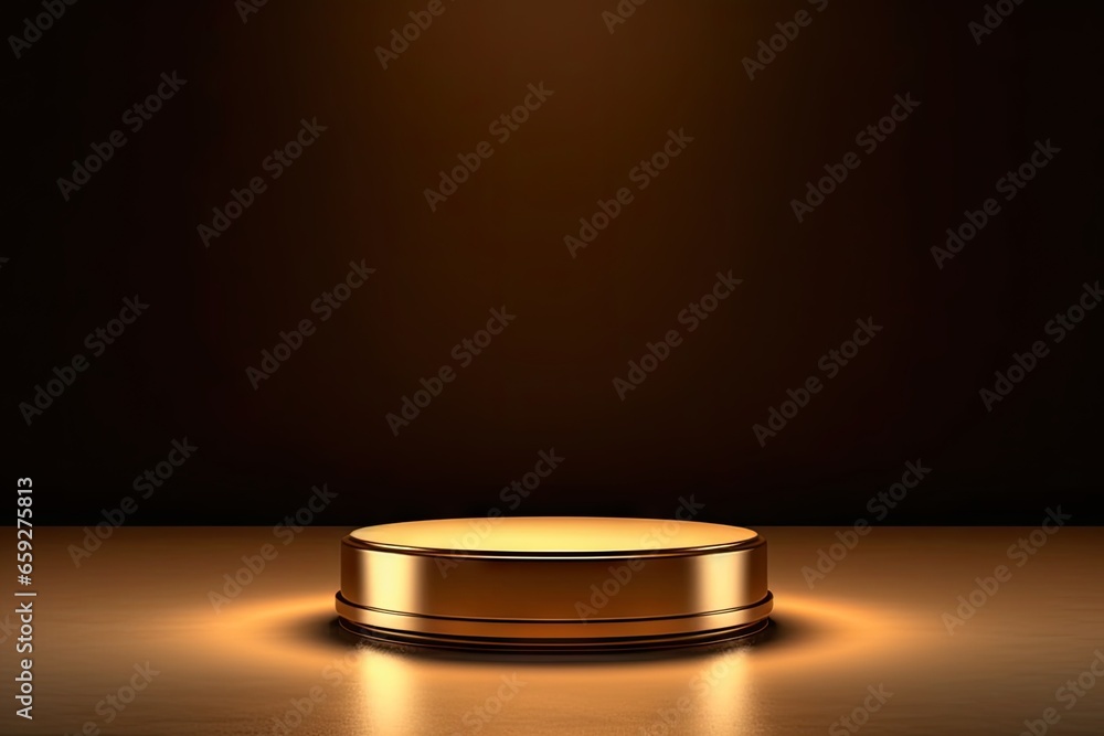 Empty podium design with gold accents. Spotlight on excellence. Stage presentation. Museum of minimalism. Golden cylinder pedestal design Empty podium design with gold accents. Spotlight on excellence. Stage presentation. Museum of minimalism. Golden cylinder pedestal design