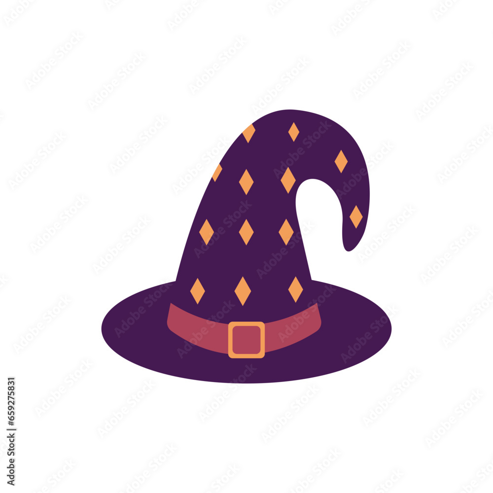 Witch hat. Magic hat. This costume adorns the head of a little witch at a Halloween party. Witch hat. Magic hat. This costume adorns the head of a little witch at a Halloween party.